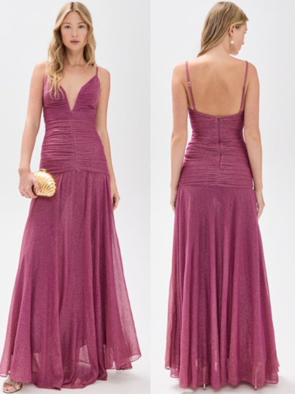 PatBo Plunge Neck Ruched Bodice Metallic Gold Shimmering Gown in Lilac sz 8 $775